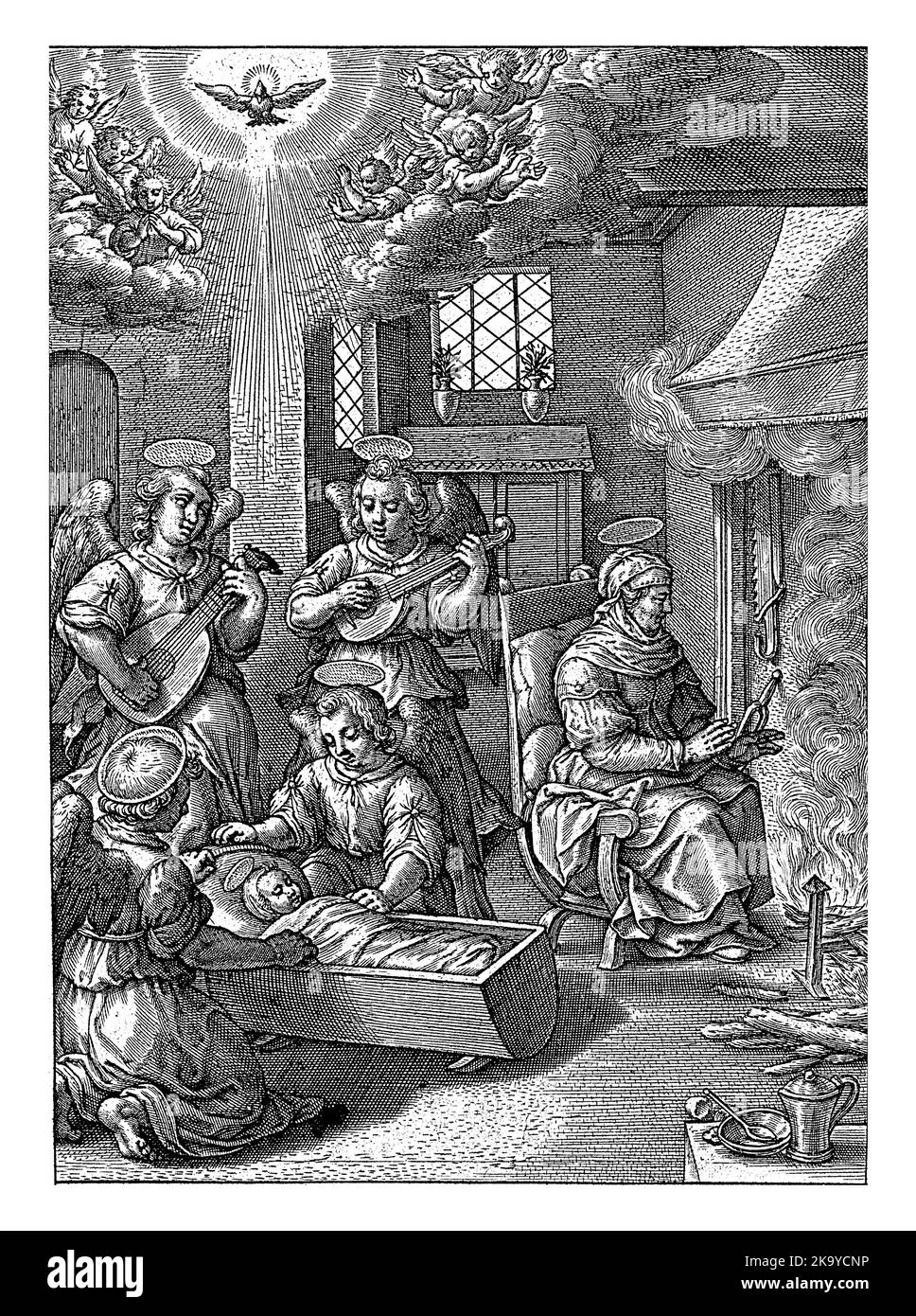 Maria dorme nella culla, Hieronymus Wierix, 1563 - prima del 1619 la giovane Maria giace nel suo presepe. Angeli fare musica e cantarla a dormire, vintage e. Foto Stock