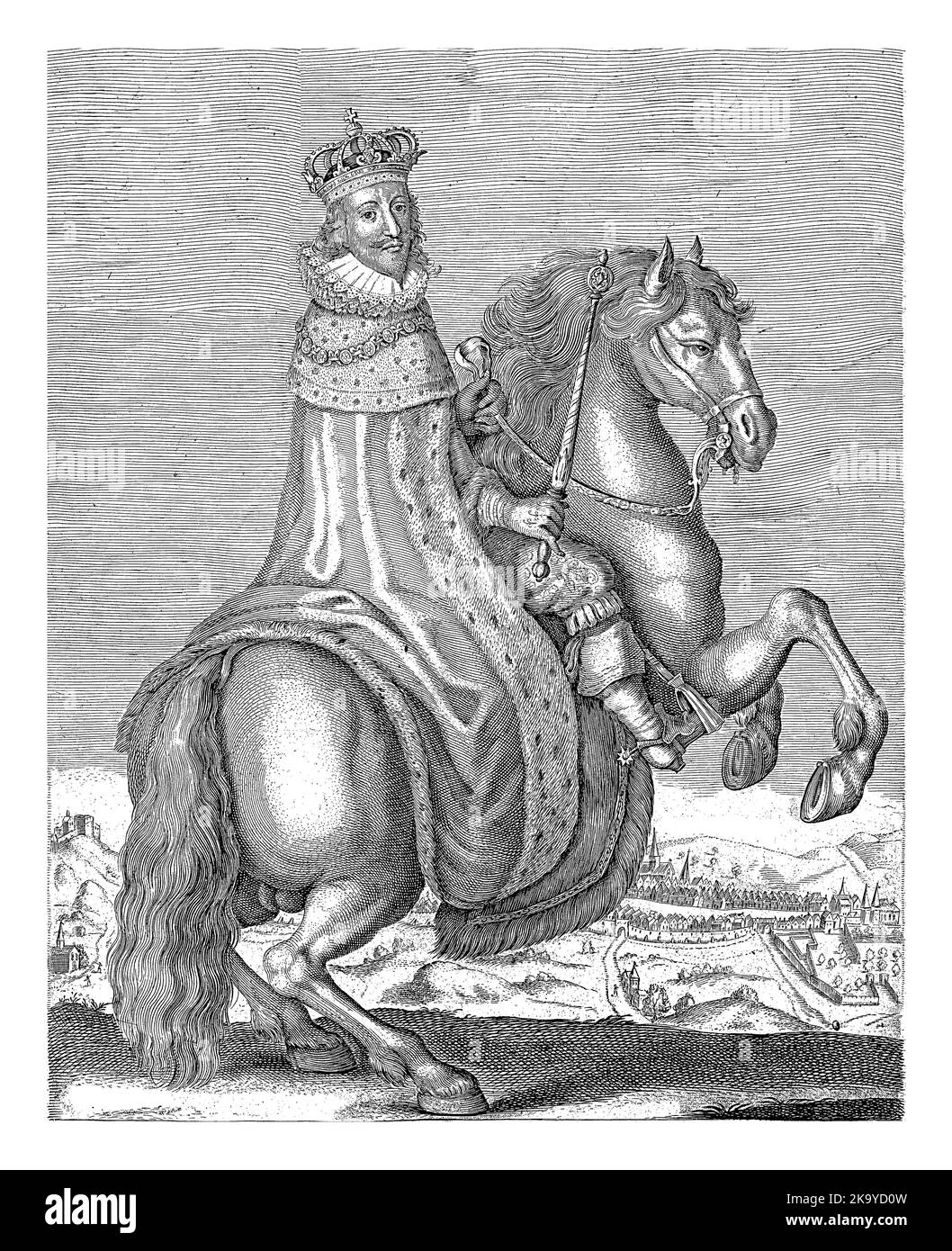 Ritratto equestre di Carlo i, re d'Inghilterra, vestito di mantello reale, con corona sulla testa e scettro in mano. Sullo sfondo è la t Foto Stock