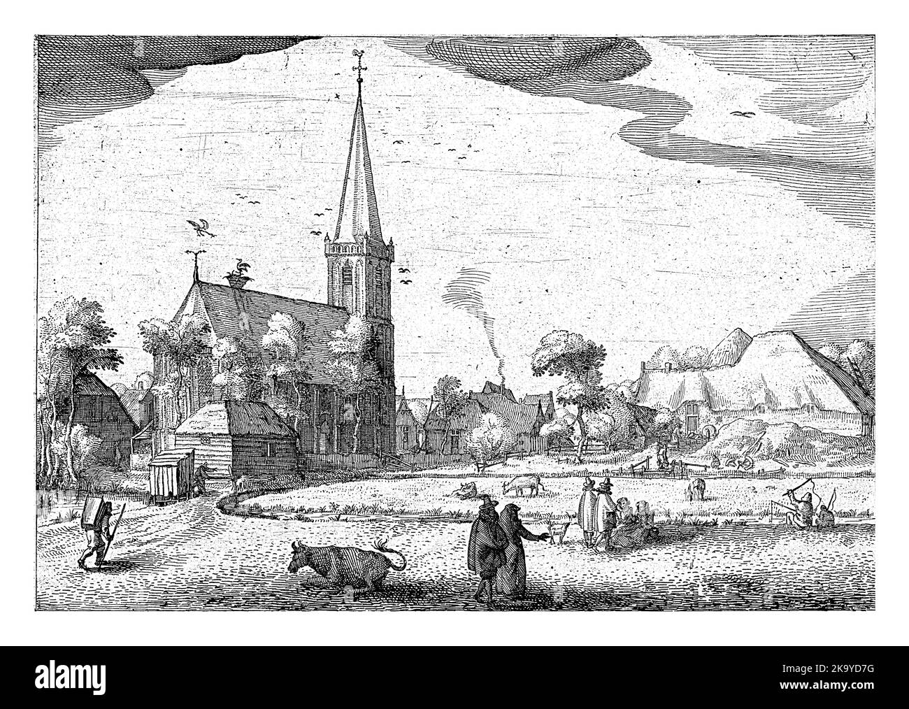 Vista sul villaggio di Diemen, con la chiesa a sinistra e una fattoria con un tetto di paglia a destra. In primo piano alcune persone e gatto pascolo Foto Stock