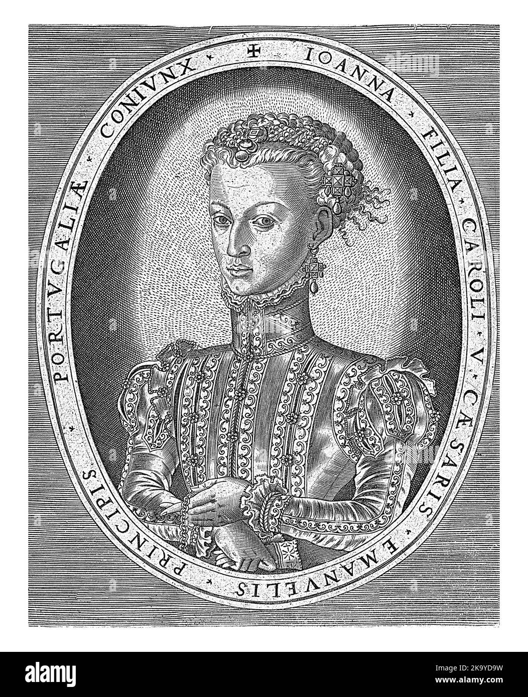 Ritratto di mezza lunghezza a sinistra di Joanna d'Asburgo in un ovale con il suo nome e titolo in latino. Foto Stock
