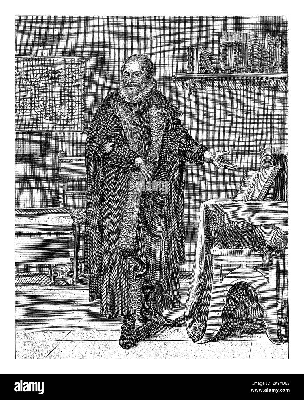 Ritratto integrale di Jacobus Arminius, all'interno di uno studio. Sotto il ritratto sono riportati il nome e i dettagli in due righe in latino. Foto Stock