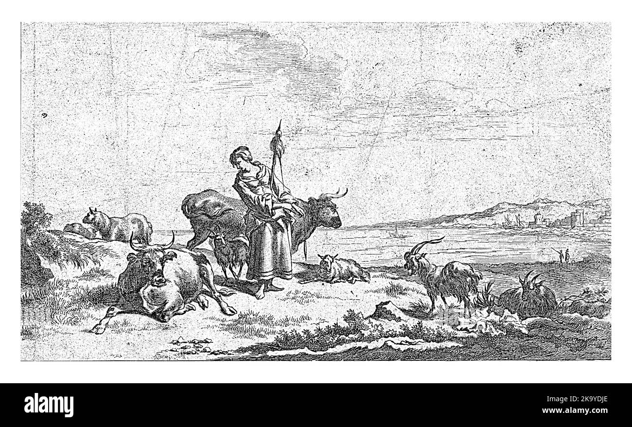 Pastorella con Spinner sulla riva di un fiume, Jan de Visscher, dopo Nicolaes Pietersz. Berchem, 1725 - 1751 Una pastorella con un mandrino sta em Foto Stock