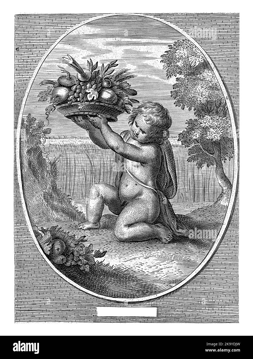 Elemento di terra come un bambino con una ciotola di frutta e verdura per un campo di mais in ovale Foto Stock