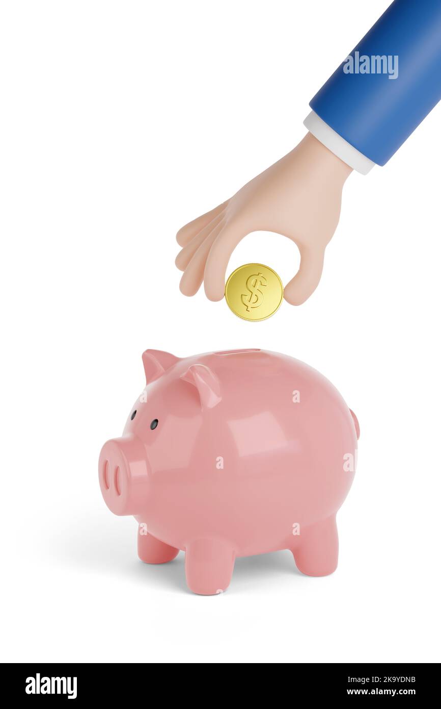 Mano di Cartoon mettere una moneta del dollaro in una banca del piggy isolata su fondo bianco. illustrazione 3d. Foto Stock
