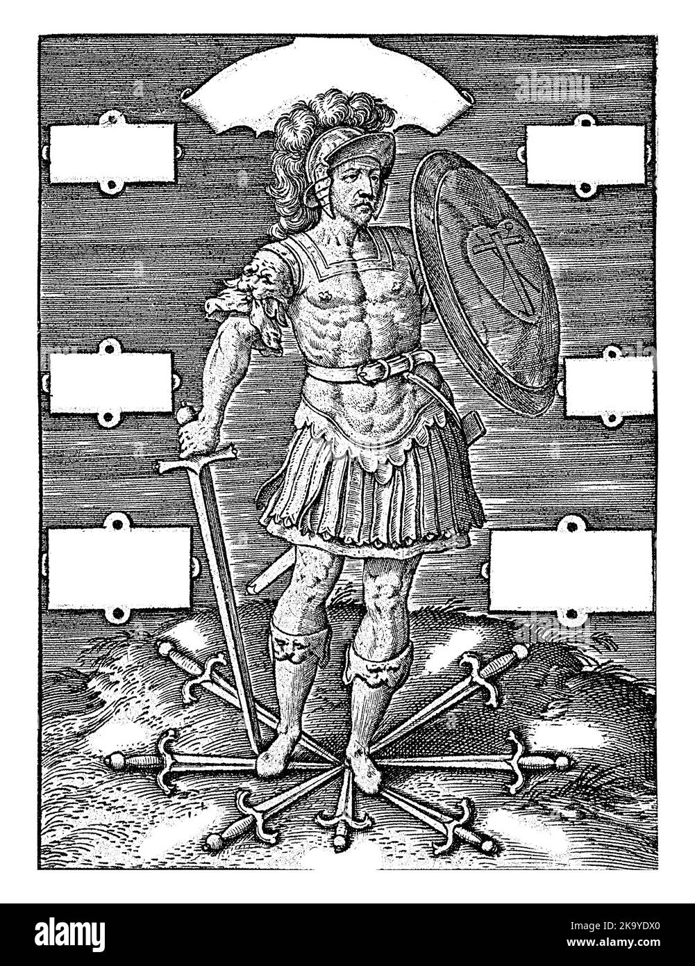 Il Cavaliere Cristiano, Hieronymus Wierix, dopo Girolamo Olgiati, 1563 - prima del 1619 rappresentazione allegorica del Cavaliere Cristiano, tenendo la spada Foto Stock