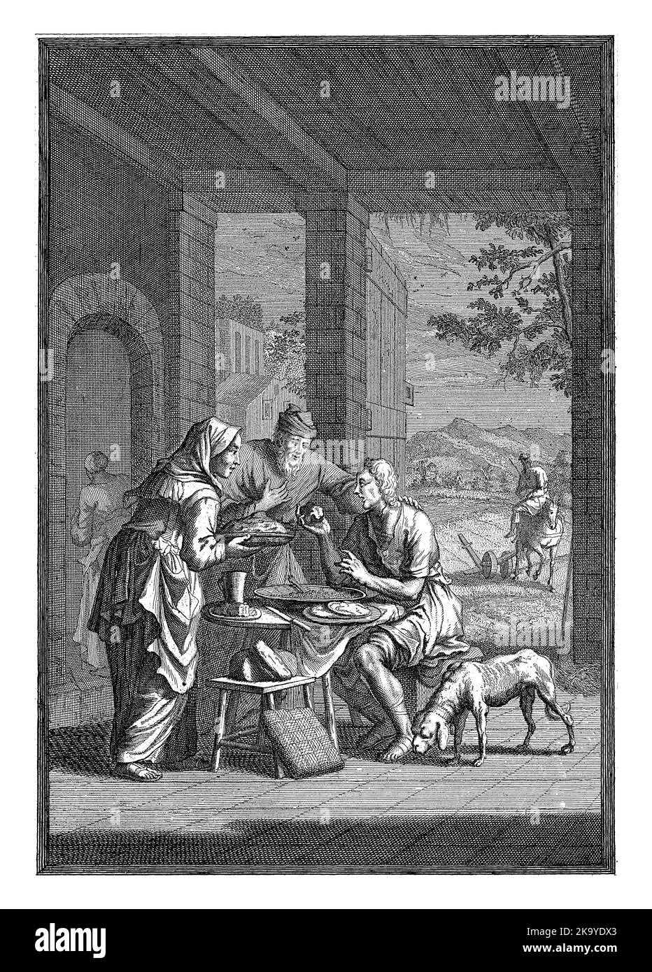 Una coppia accoglie un viaggiatore affamato nella loro casa e lo nutre. Attraverso la porta aperta un coltivatore può essere visto lavorare sulla terra. Foto Stock