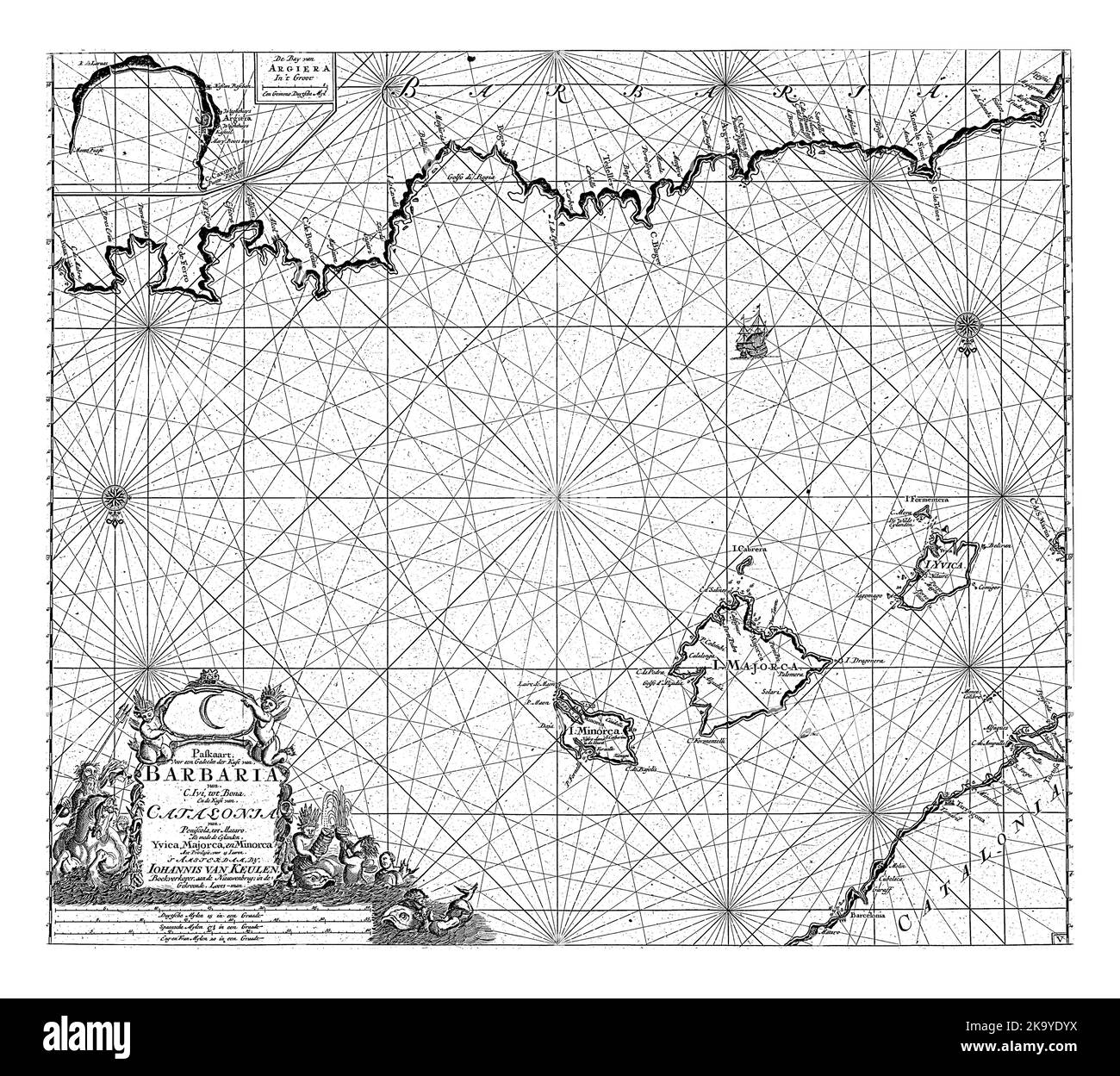 Passaporto di una parte del Mediterraneo con le coste di Spagna e Algeria e Maiorca, con una mappa inset della baia di Algeri, con due bussola ro Foto Stock