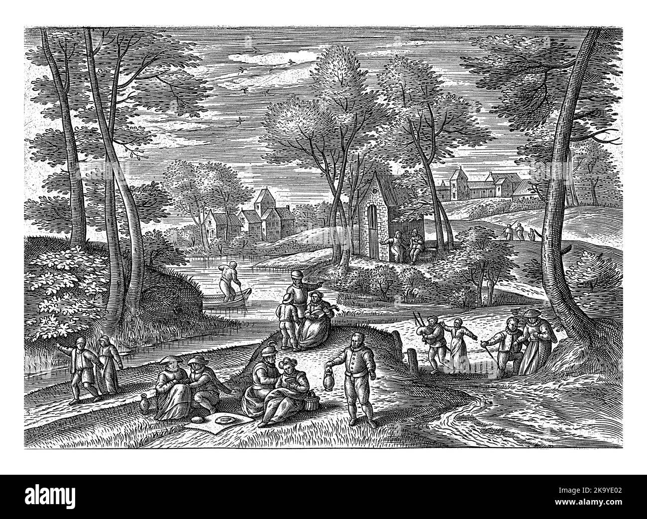 Paesaggio primaverile con scene primaverili. Maggio è il mese dell'amore. In primo piano, le coppie innamorate camminano insieme, suonando musica o mangiando. Foto Stock