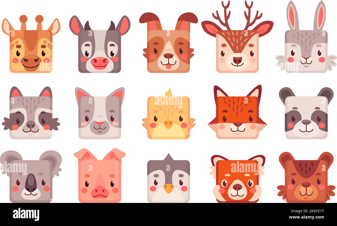 Faccia quadrata animale. Cartoon cute animali muzzles, mobile ui gioco avatar comic bambino personaggio kawaii testa panda cane gatto coniglio adesivo icona collezione ingegnoso vettore illustrazione di cute viso muso Illustrazione Vettoriale