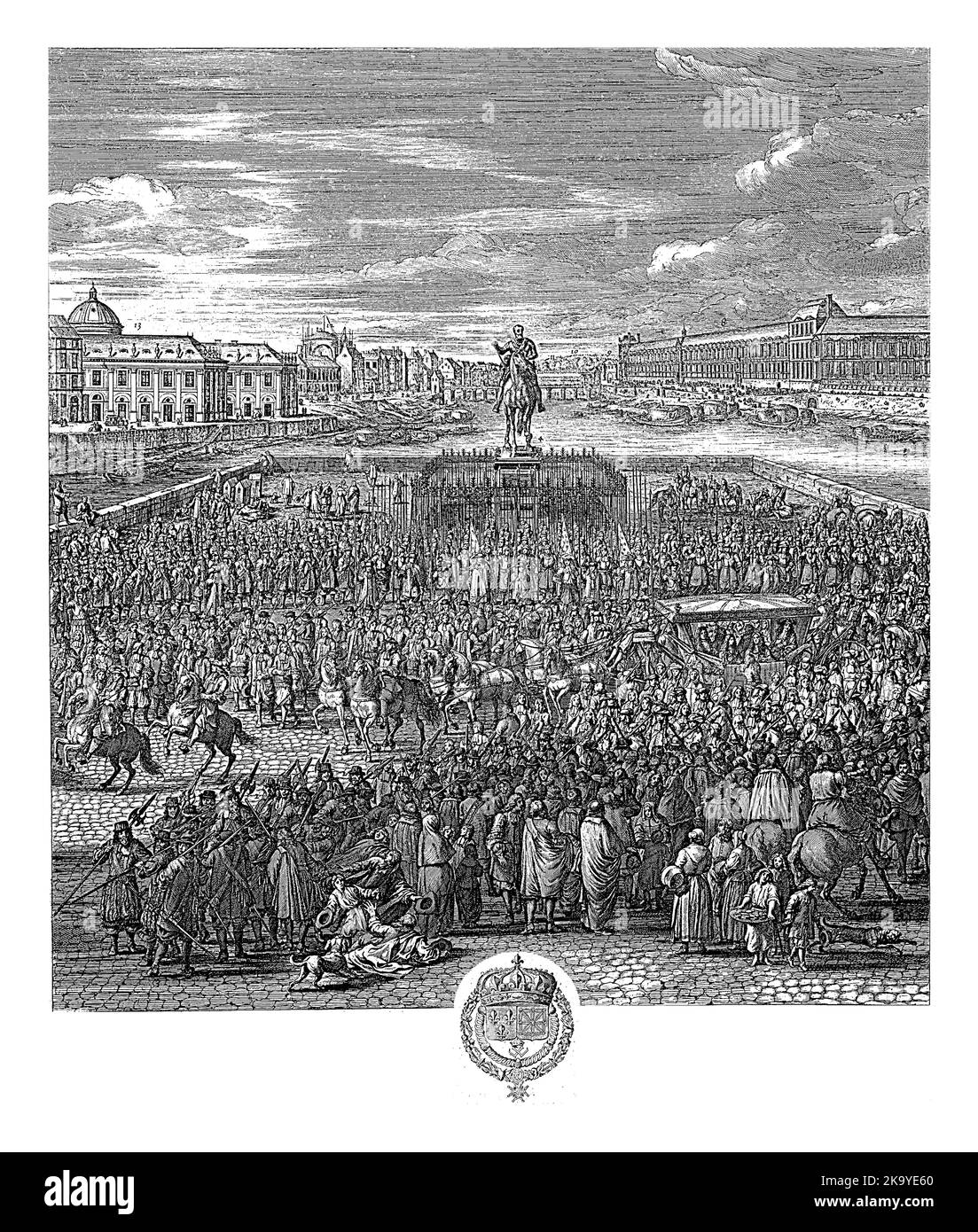 Luigi XIV, re di Francia, siede in una carrozza circondata dalla sua guardia e dalla sua corte. La carrozza attraversa Pont-Neuf a Parigi con la statua equestre di Foto Stock