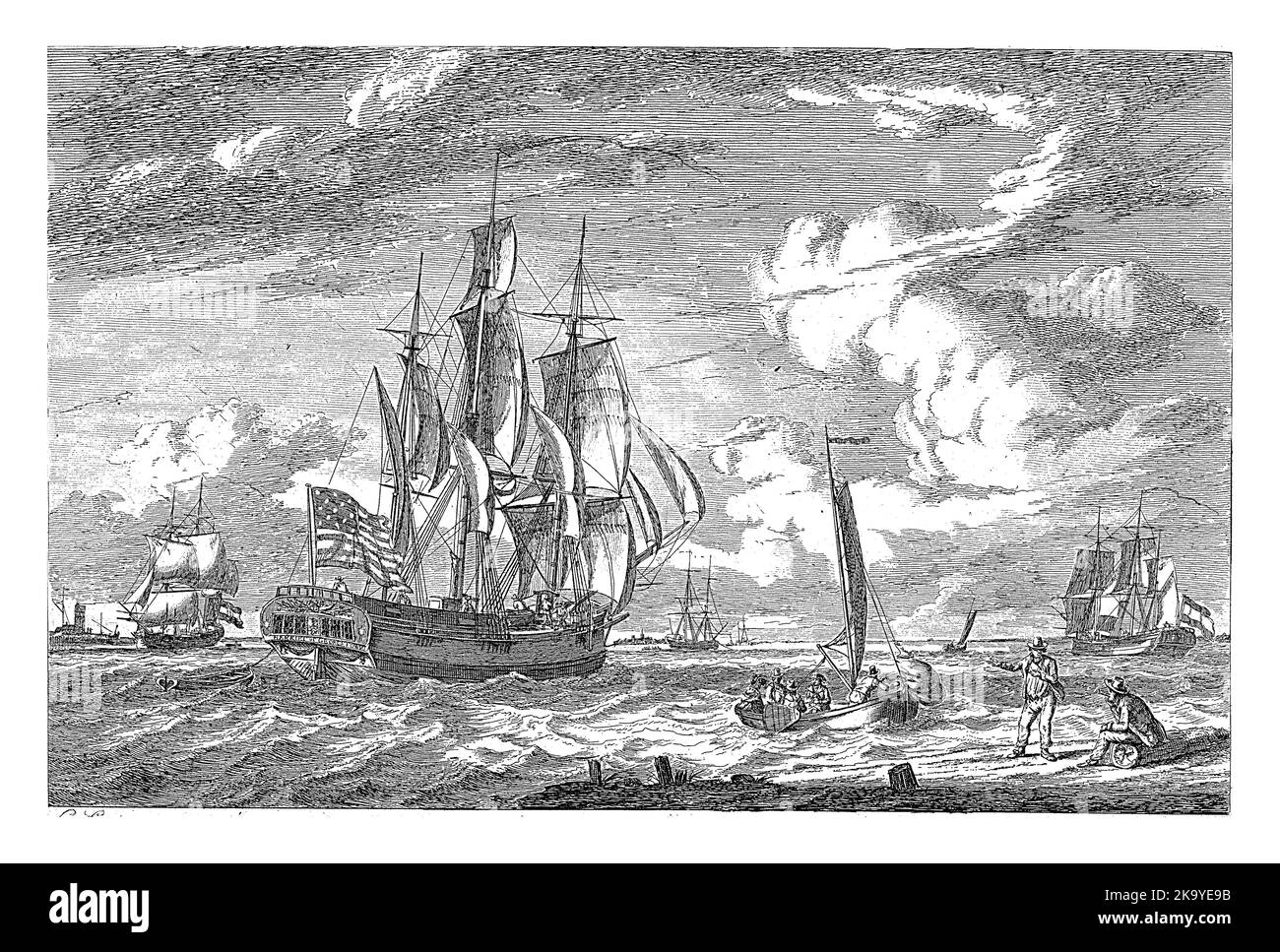 Una nave americana a tre alberi e altre navi in acque increspate. Il nome della nave americana è scritto sullo specchio di poppa 'Harriet of Georgetown'. Foto Stock