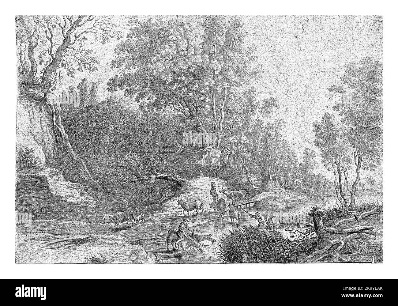 Buca d'annaffiamento ai margini della foresta, con cavalli, mucche e i loro pastori. Foto Stock