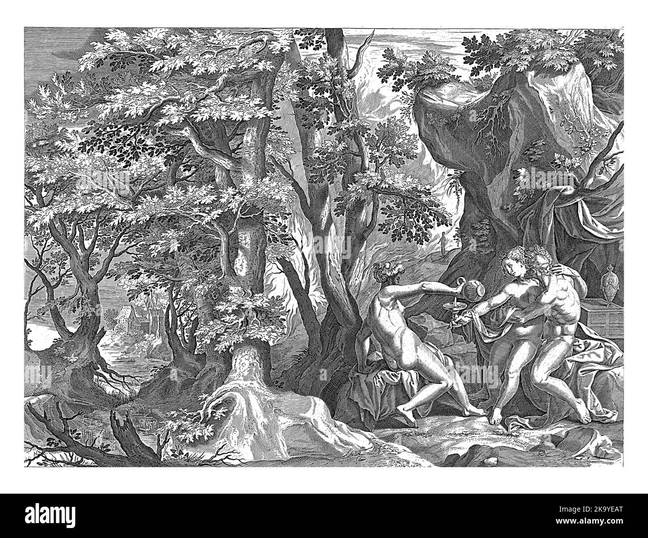 Lot e le sue figlie, anonime, dopo Joos van Winghe, dopo RaphaÃ«l Sadeler (i), 1652 - 1702 in un paesaggio boscoso, le figlie di Lot ottengono il loro giuramento Foto Stock