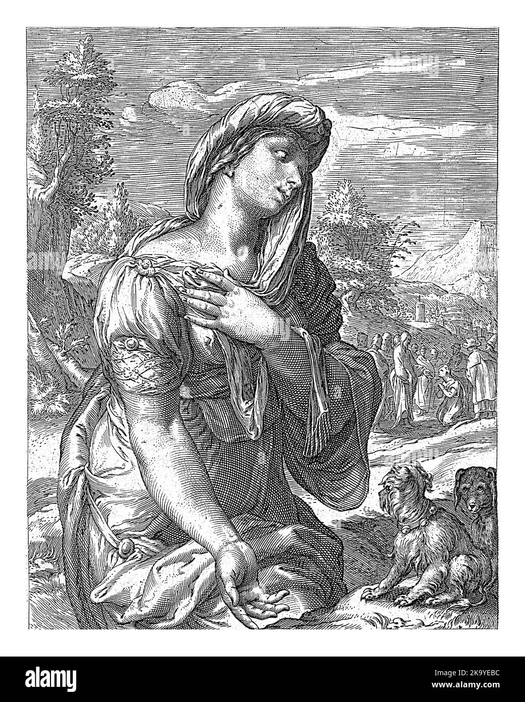 La donna cananita che gioca con due cani. Sullo sfondo, la Cananita si inginocchia davanti a Cristo e gli chiede di guarire sua figlia. Foto Stock