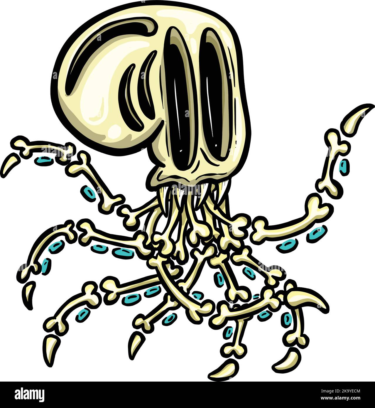 Octopus Skeleton Halloween Cartoon Illustrazione con succhiatori creatura del Mare profondo Illustrazione Vettoriale