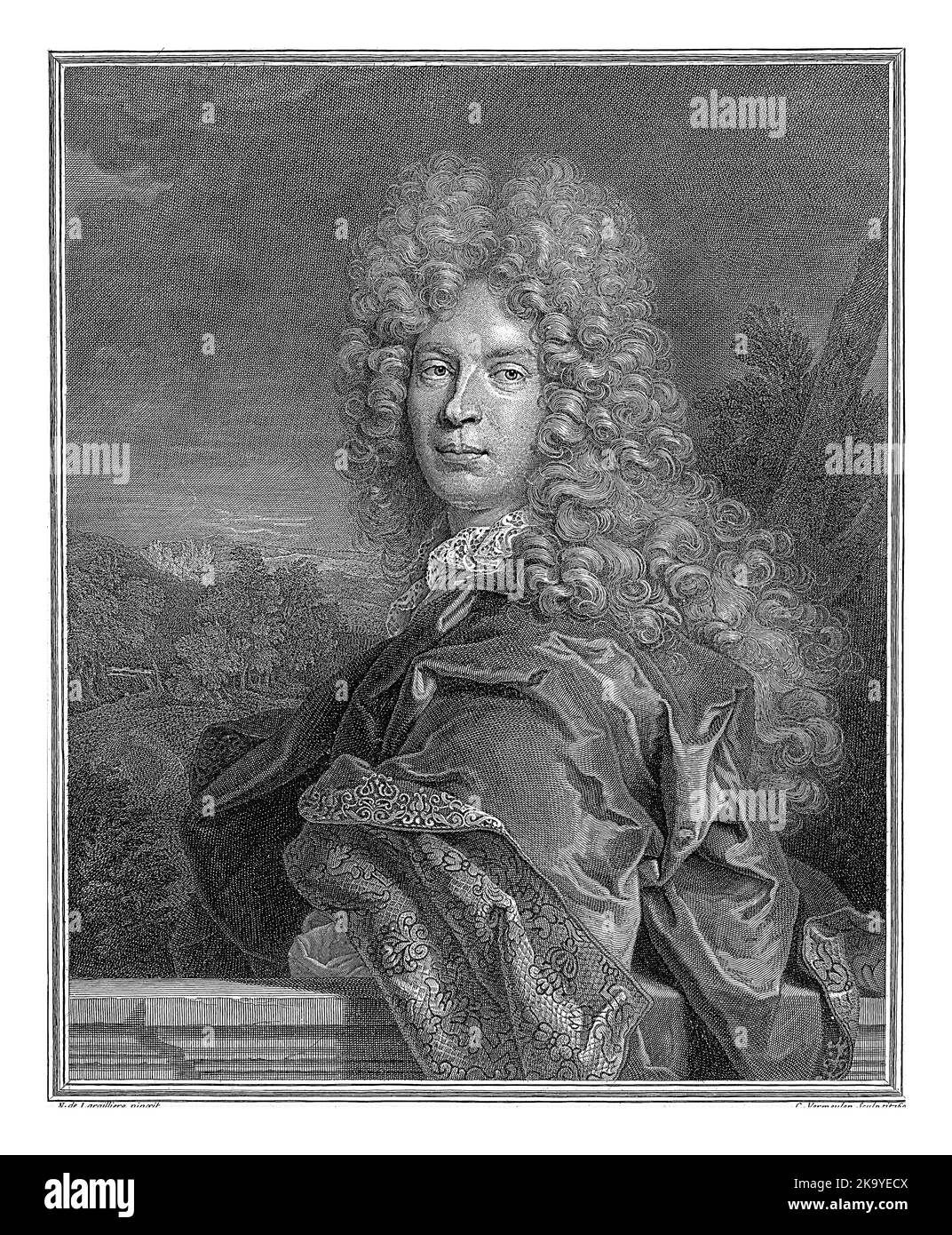 Ritratto di Pierre Vincent Bertin, Cornelis Martinus Vermeulen, dopo Nicolas de Largilliere, 1694, annata incisa. Foto Stock