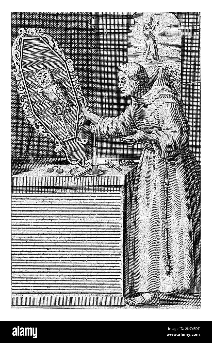 Seconda pagina del titolo per il libro di Jacob Lydius, De Romane Uilenspiegel. Su un piedistallo sono presenti bicchieri e un crocifisso, un candelabro e un lar Foto Stock