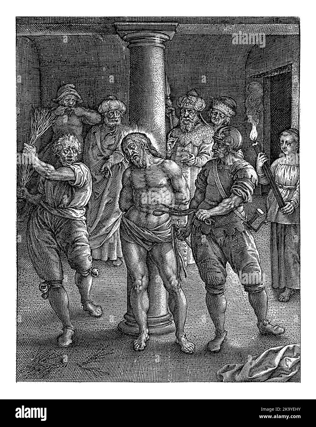 Flagellazione di Cristo, Johannes Wierix, 1603 Cristo, legato ad una colonna, flagellato dai soldati. In background spettatori, tra cui Pilato. Foto Stock Flagellazione di Cristo, Johannes Wierix, 1603 Cristo, legato ad una colonna, flagellato dai soldati. In background spettatori, tra cui Pilato. Foto Stock