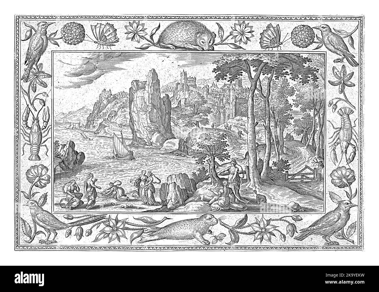 Paesaggio costiero. In primo piano a sinistra, Mosè è trovato dalla figlia del Faraone sulla riva del Nilo. La stampa ha una cornice ornamentale wi Foto Stock