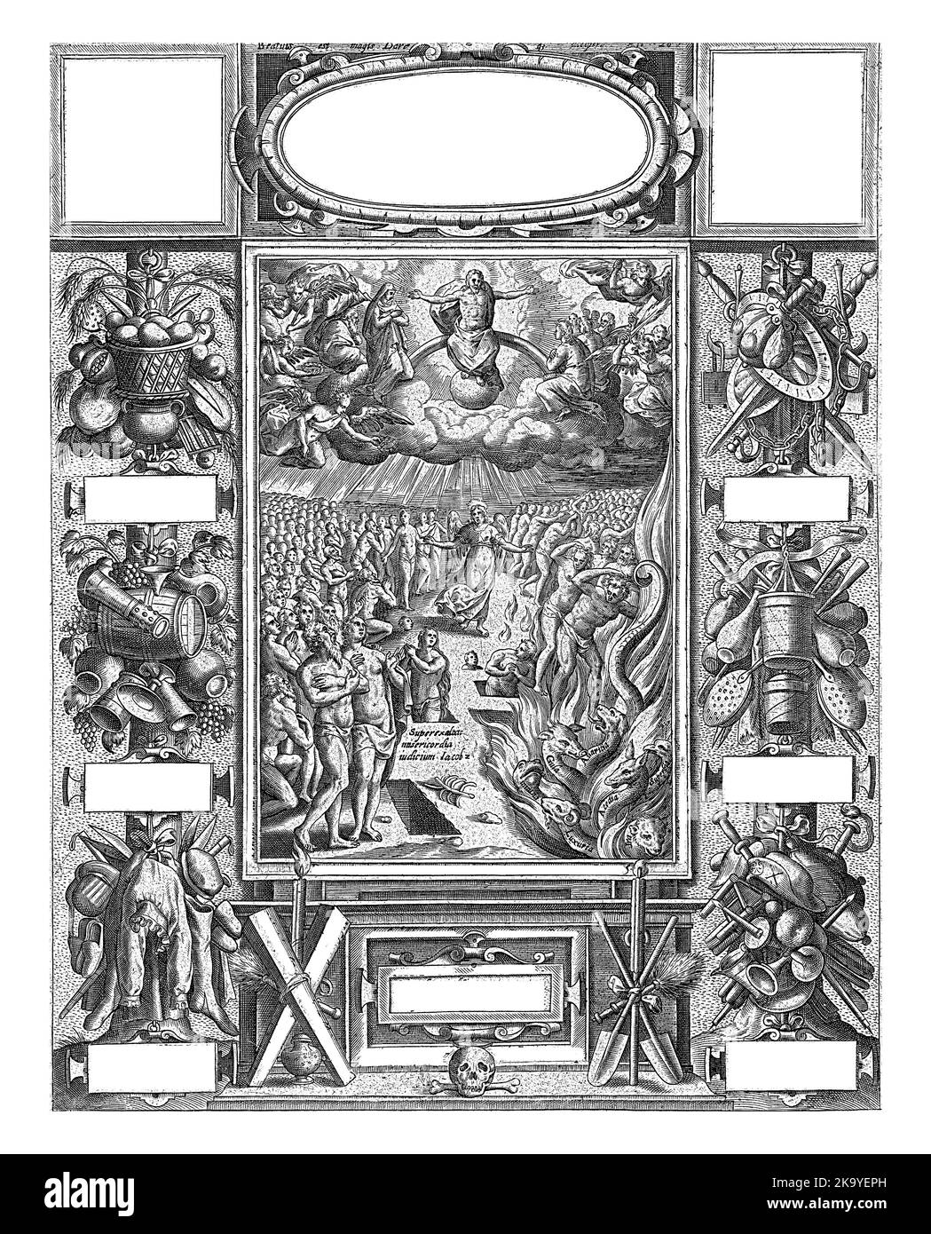 Pagina del titolo di una serie di stampe delle opere di misericordia (composta da questa pagina del titolo e da sette stampe numerate). Nella cornice centrale gli ultimi giudici Foto Stock