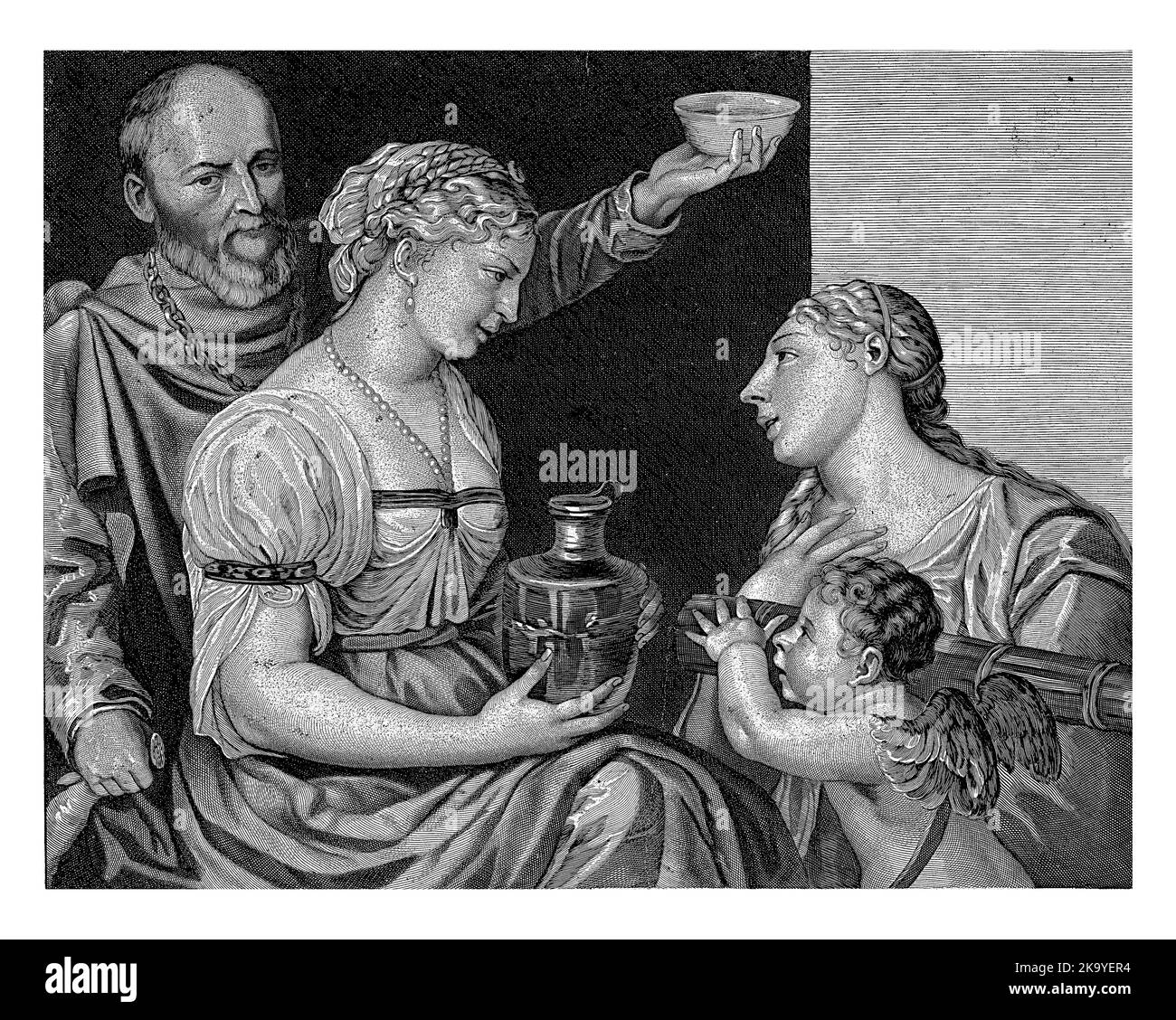 Due amanti con caraffa e bacinella con pozione d'amore, personificazioni d'amore inginocchiarsi accanto a loro, Amor con un fascio di frecce e Venere. Foto Stock