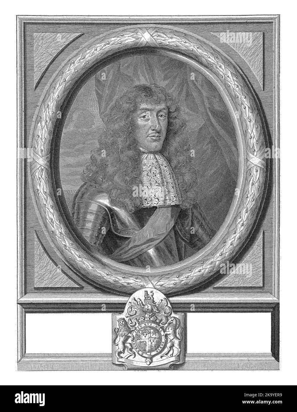 Ritratto di James Stuart, Duca di York e Albania, busto vestito con armatura a cornice ovale con corona di alloro. Foto Stock