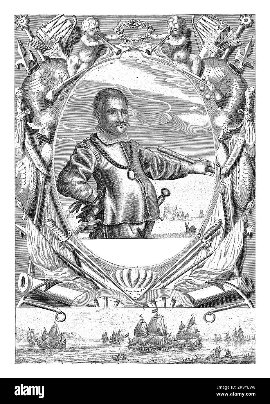 Ritratto dell'ammiraglio Michiel Adriaansz. De Ruyter, il comandante in mano. Il ritratto è incorniciato in una cornice ornamentale con bandiere, spade, Foto Stock