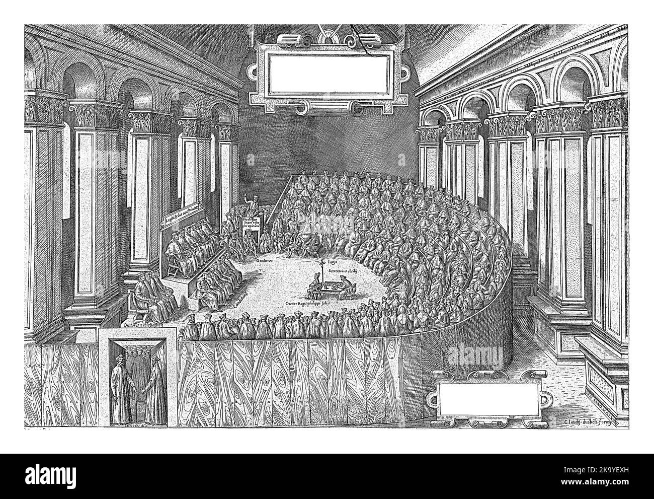 Una sessione del Consiglio di Trento nel 1564. A sinistra sono gli avvocati apostolici. Di fronte a loro un vasto pubblico di oratori e di deleghe ecclesiastiche Foto Stock