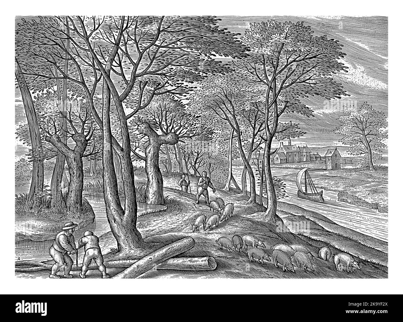 Paesaggio autunnale con scene autunnali. Novembre è il mese dell'acorno e della macellazione. In primo piano a sinistra, due contadini videro un albero in due. Foto Stock