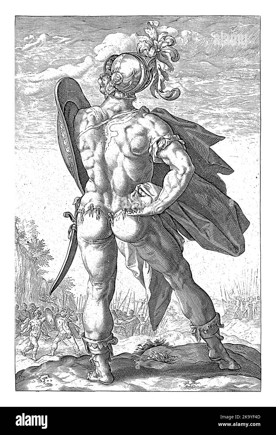 L'eroe Marcus Valerio Corvus, visto dalla schiena, lo scudo si alzò alla spalla sinistra. Foto Stock