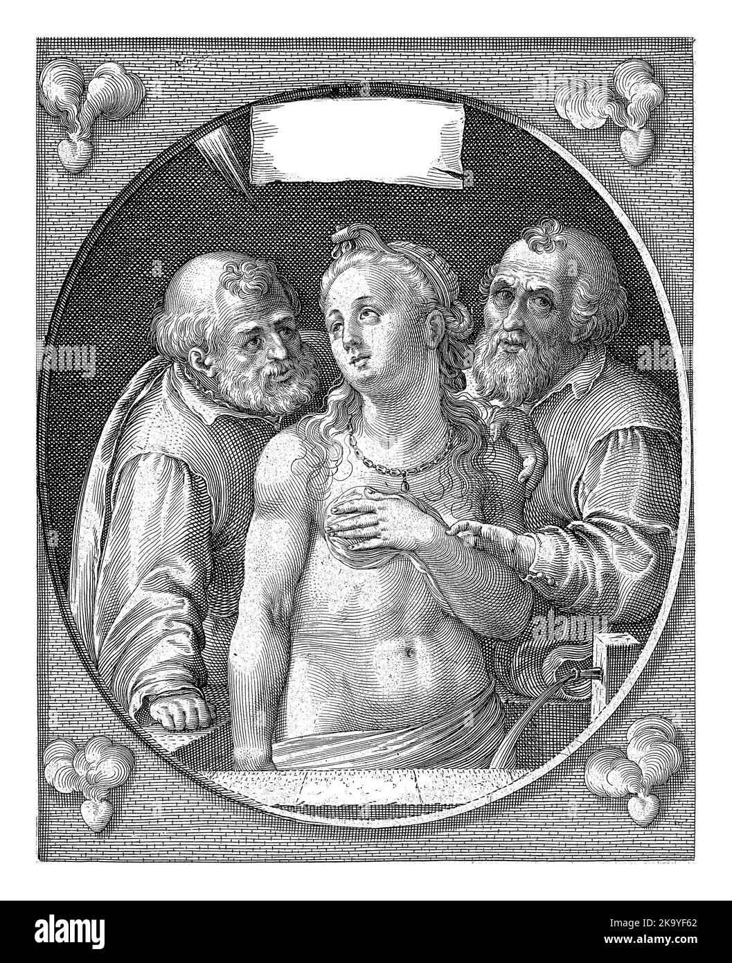 Susanna è brulicata da due anziani mentre fa un bagno. Scenografia in una cornice ovale all'interno di una cornice rettangolare. Quattro cuori ardenti negli angoli. Foto Stock