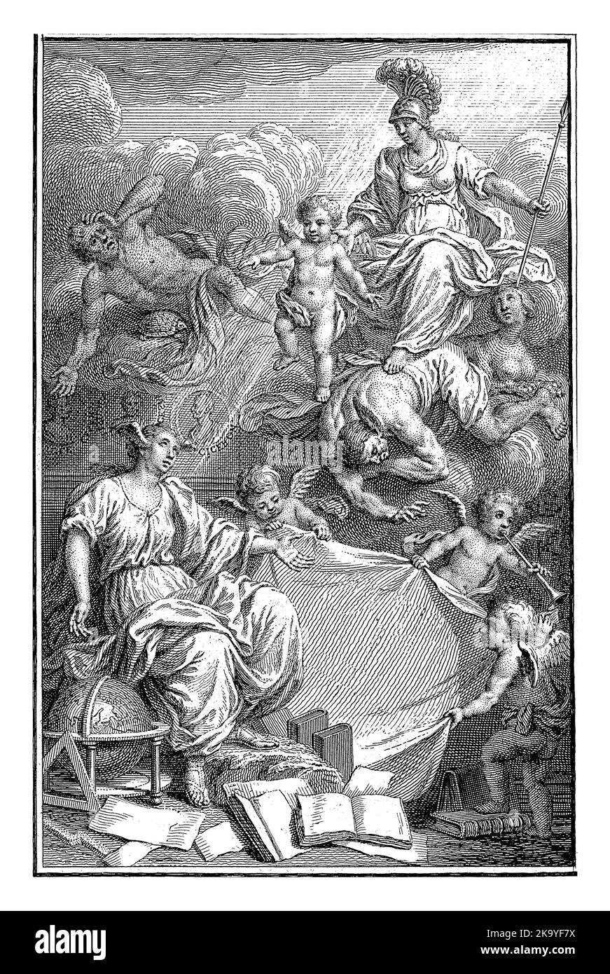 Minerva, seduta sulle nuvole, ha ignoranza sotto i suoi piedi e sloth, con una tartaruga, fugge da lei. Con un globo e con i titoli di scrittore CES Foto Stock