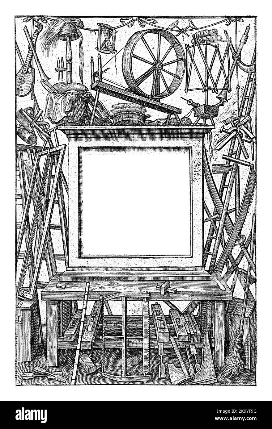Banco di lavoro con utensili, Hieronymus Wierix, 1563 - prima del 1619 sul banco di lavoro un telaio con il titolo della serie in latino. Intorno esso tutti i generi di attrezzi e. Foto Stock