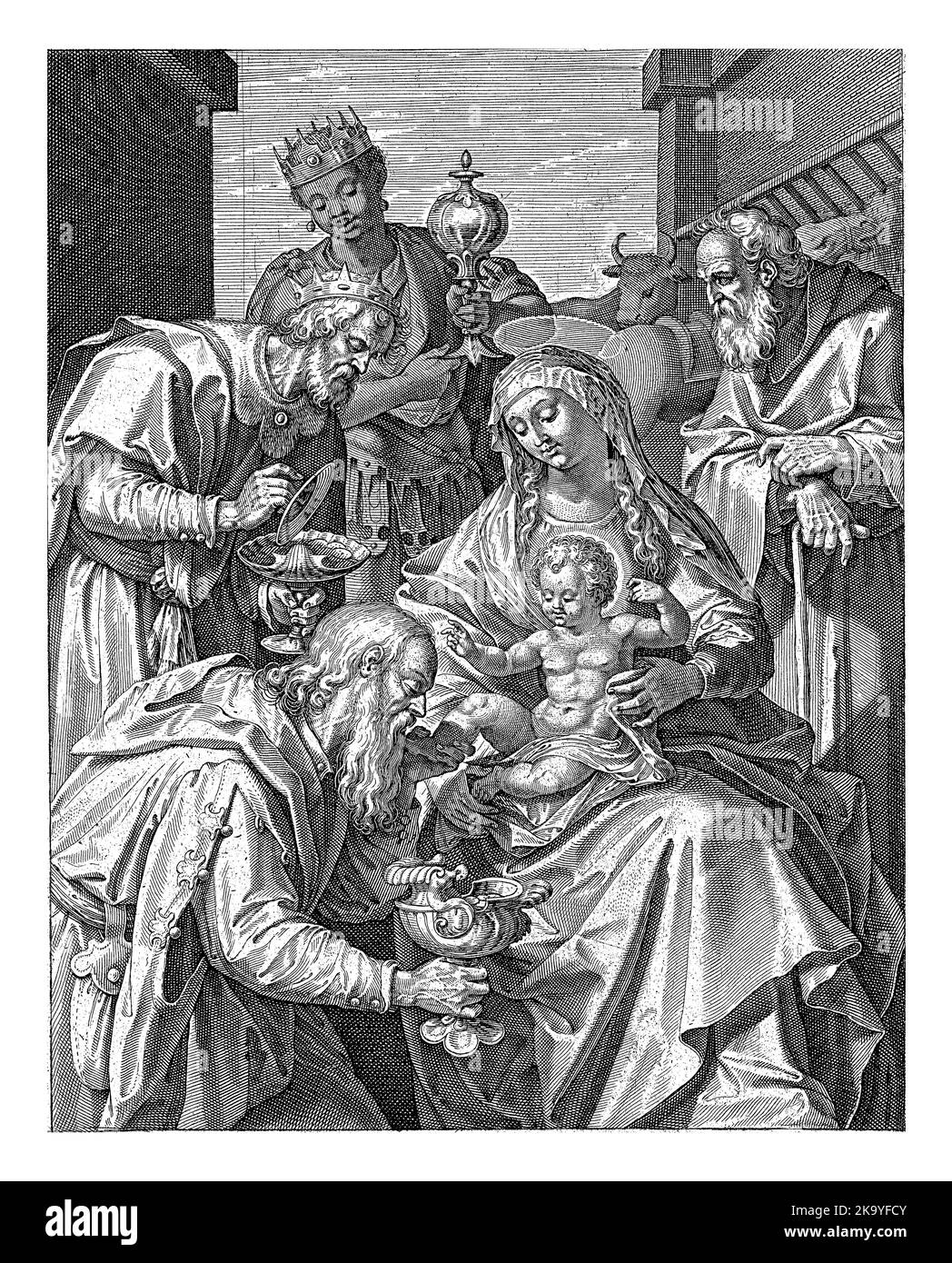 Adorazione dei Magi, Teodoor Galle, dopo Maerten de Vos, 1581 - 1612 intorno a Maria e al neonato Cristo, i tre re stanno con i loro doni dentro Foto Stock