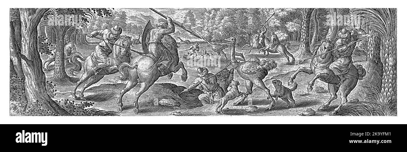 Cavalieri cacciano struzzi con lance e cani. La stampa ha una didascalia in latino ed è parte di una serie di 54 stampe. Foto Stock