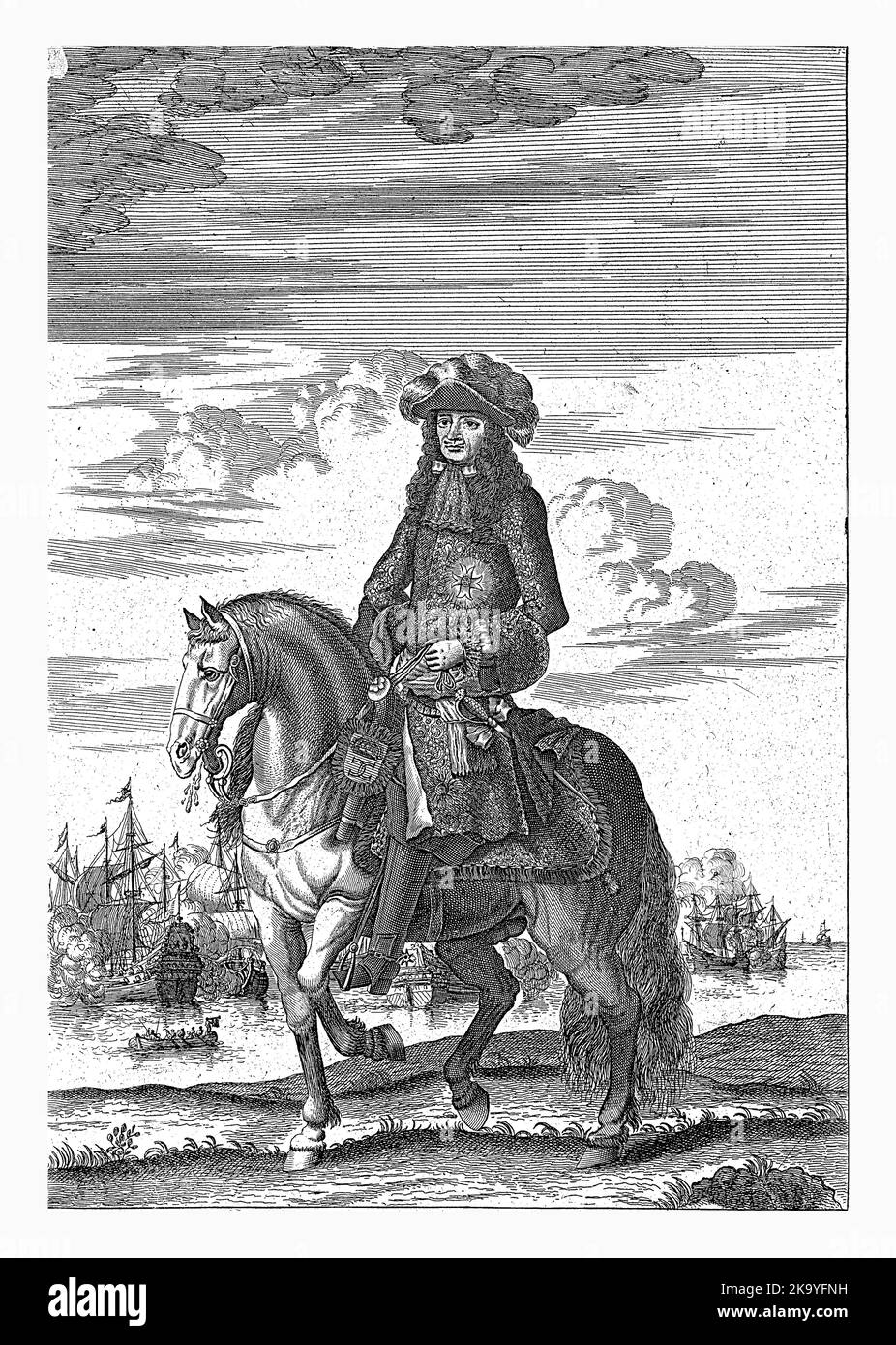 Ritratto equestre di Carlo II, Re d'Inghilterra, Jan Luyken, 1685 Foto Stock