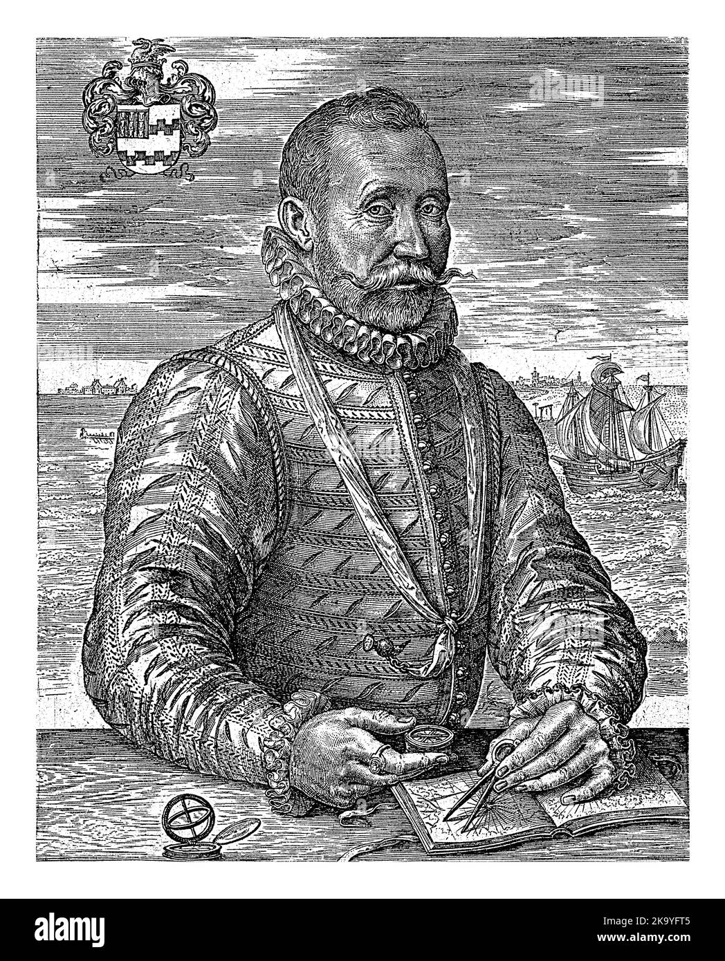 Ritratto dell'ufficiale navale Willem Bloys van Treslong, Johannes Wierix, 1559 - prima del 1585 tiene una bussola e disegna su una mappa con una bussola. Foto Stock