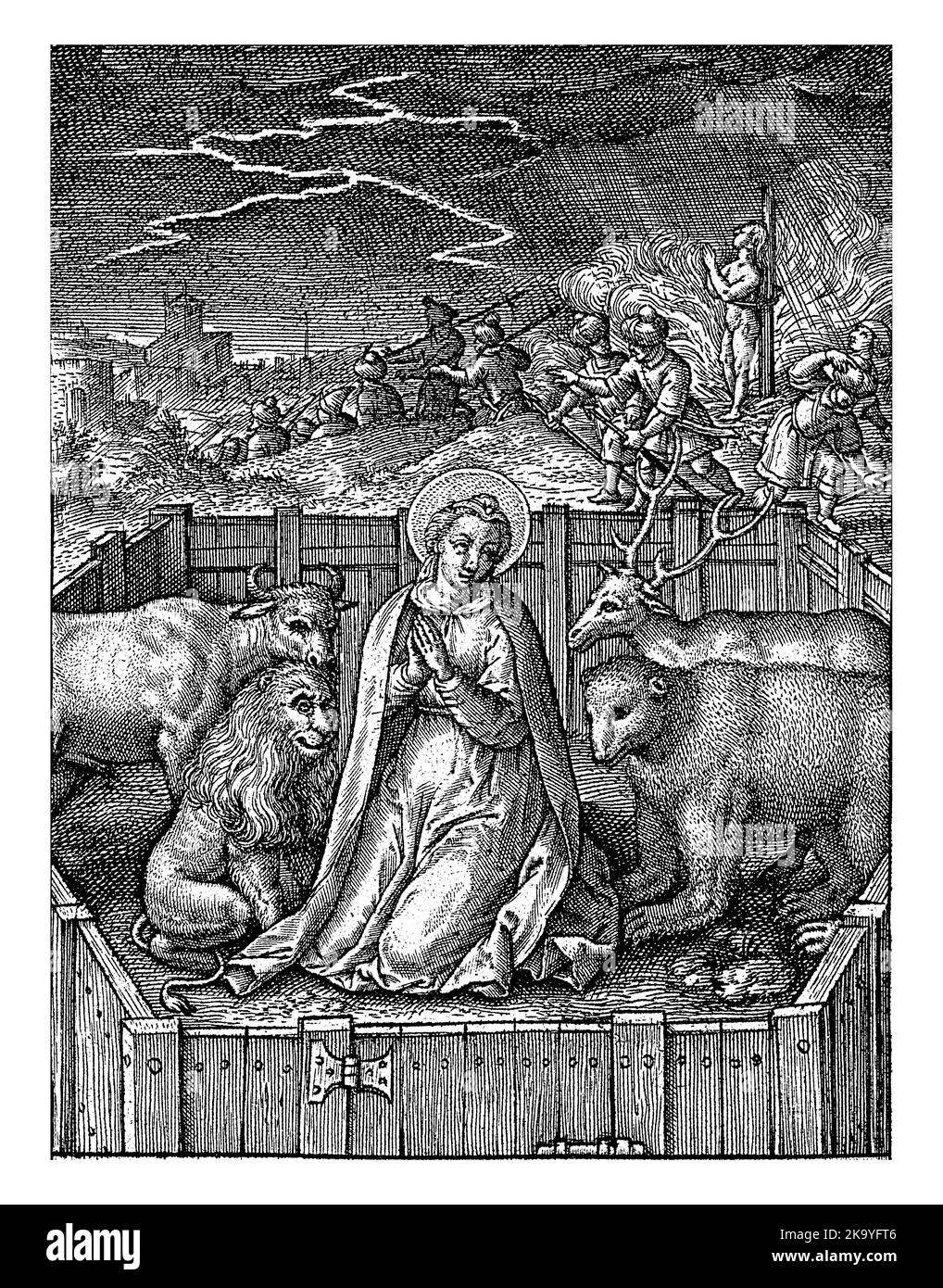 Virtù dell'inviolabile, Hieronymus Wierix, 1563 - prima del 1619 il Santo Tecla di Iconium circondato da un leone, un orso, un toro e un cervo. Foto Stock