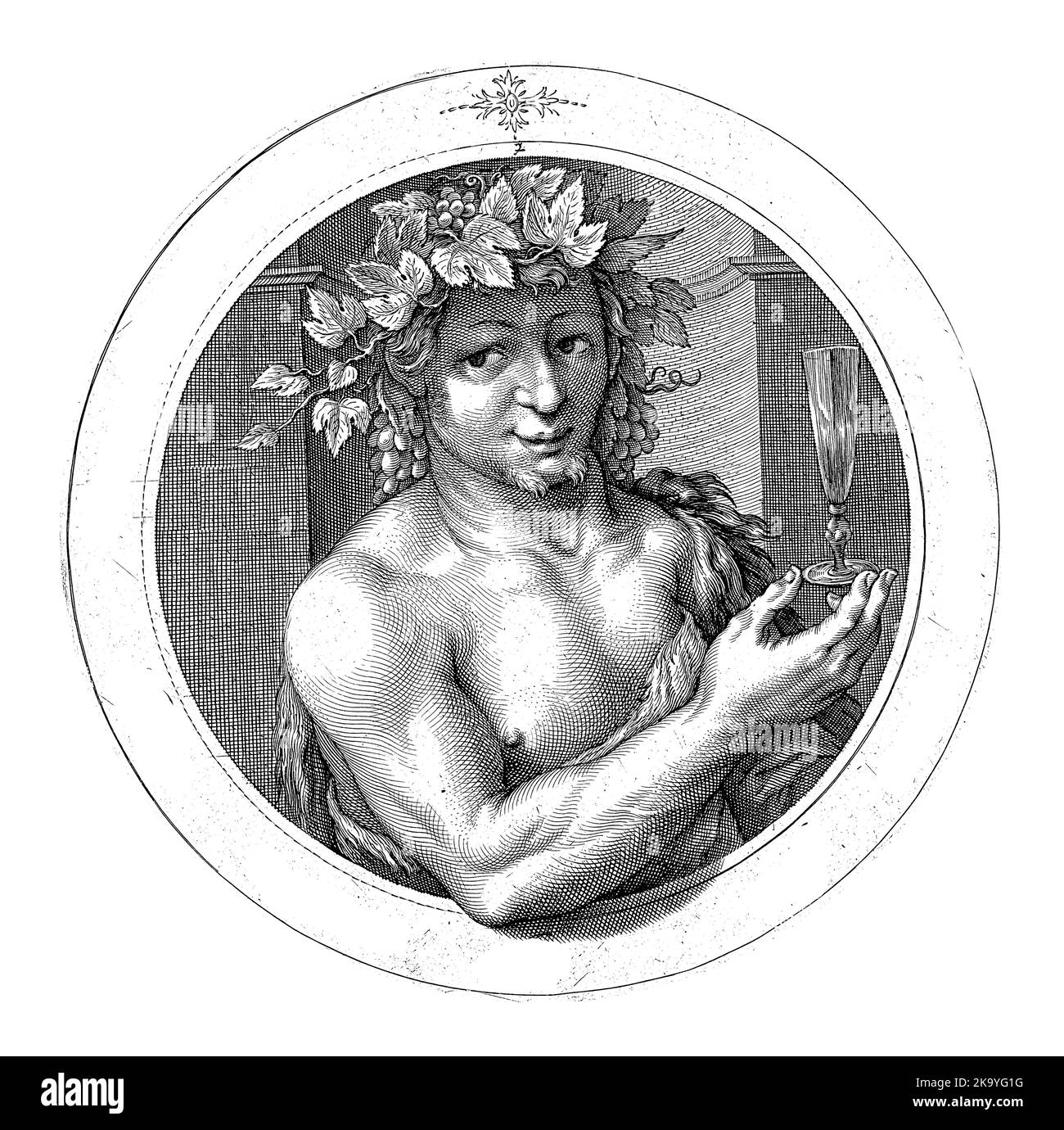 Bacco con vetro, Jacob Matham, 1599 - 1600, annata incisa. Foto Stock