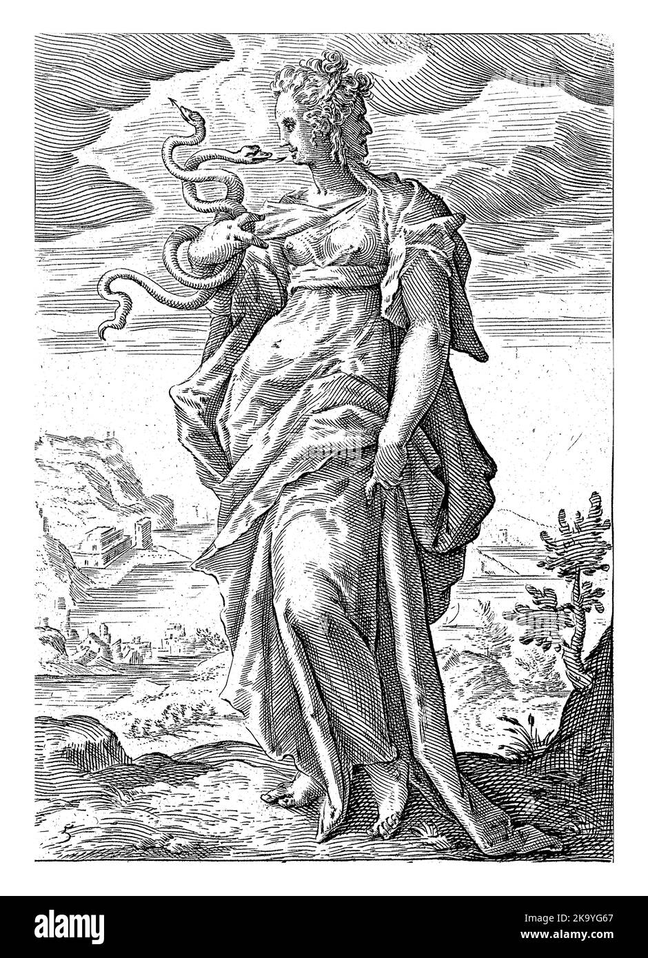 La prudenza personificò; una figura femminile con due serpenti in mano e una seconda faccia sul dorso della testa. Foto Stock