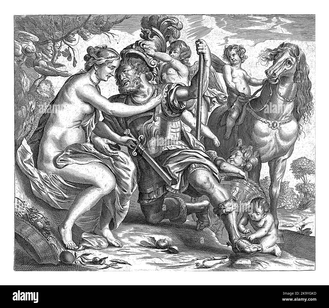 L'adulterio di Marte e Venere. Venere e putti spogliano Marte della sua armatura. A sinistra due colombe di tartaruga su un ramo. Foto Stock