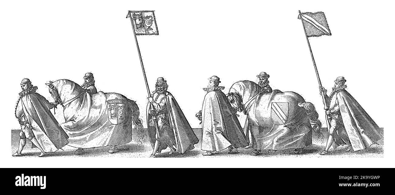 Cadavere con Roulles, Van Delft, Jan van Egmond, Spranghen, Van Oestrum e Rosue con due cavalli con le braccia Foto Stock