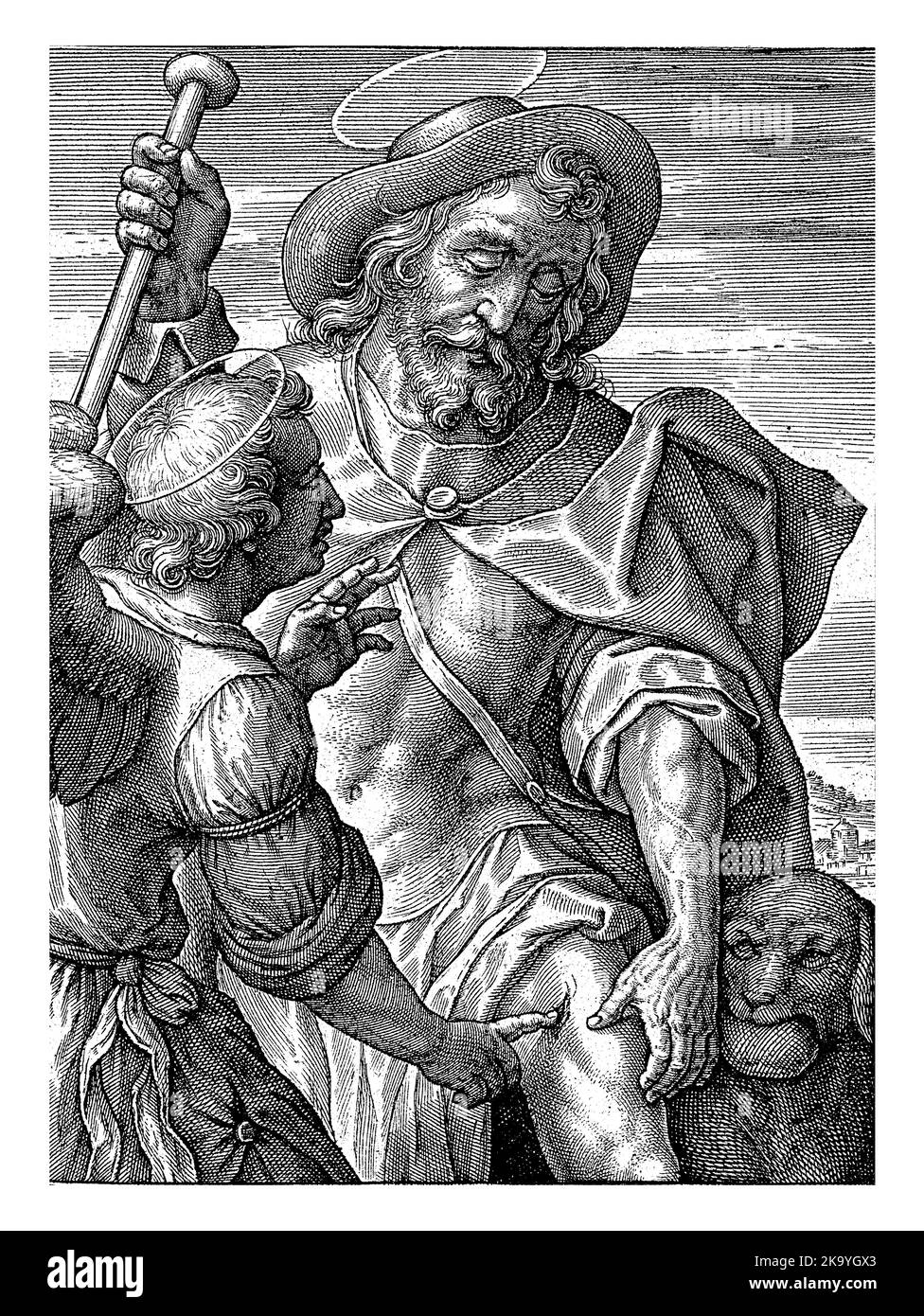 H. Rochus, Hieronymus Wierix, 1563 - prima di 1619 Saint Rochus, vestito come pellegrino, accompagnato dal suo cane. Solleva la tunica per rivelare l'interno o Foto Stock