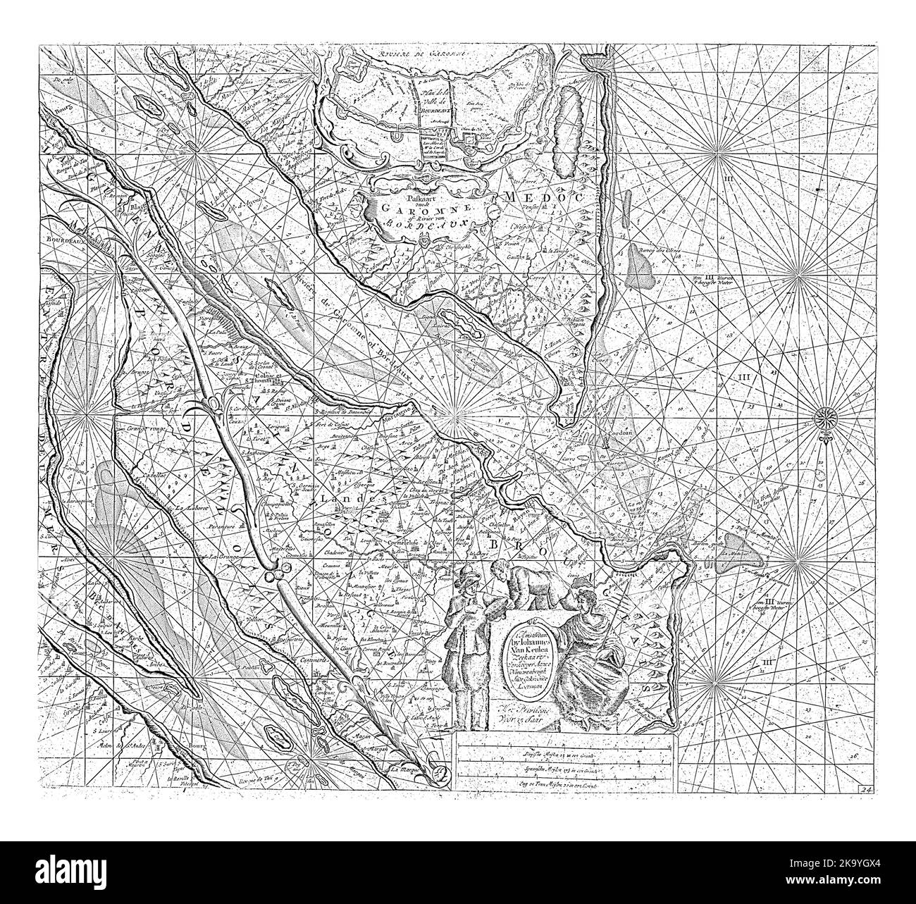 Carta dei passaporti dal fiume Gironde a Bordeaux, con una rosa bussola, Nord è sotto. Sopra la cartouche con il titolo un inset con una mappa dettagliata Foto Stock
