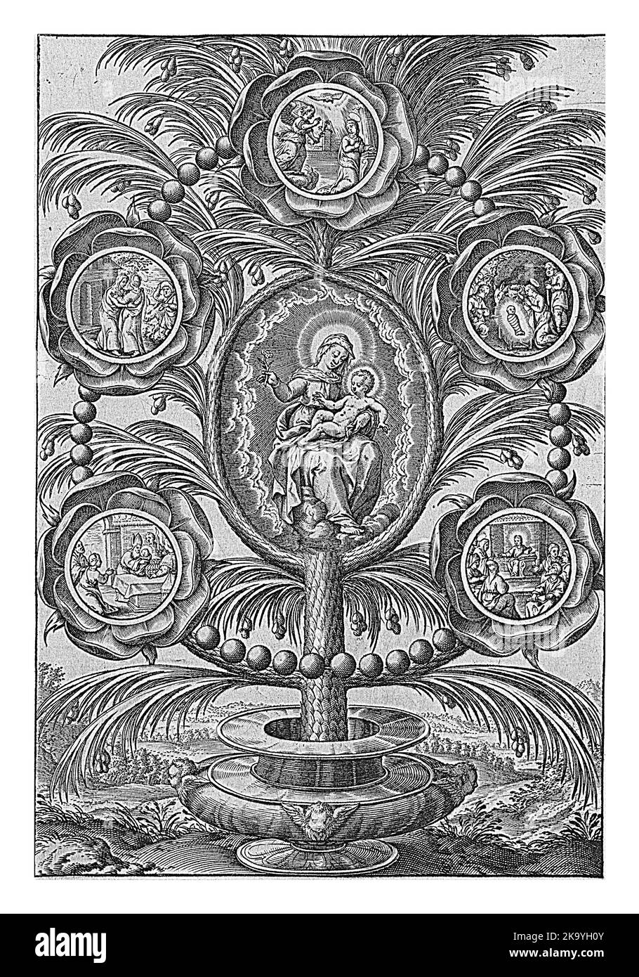 Rosario con cinque medaglioni raffiguranti un mistero. In alto si trova l'Annunciazione, poi da sinistra a destra la Visitazione, la Natività, i Presentati Foto Stock