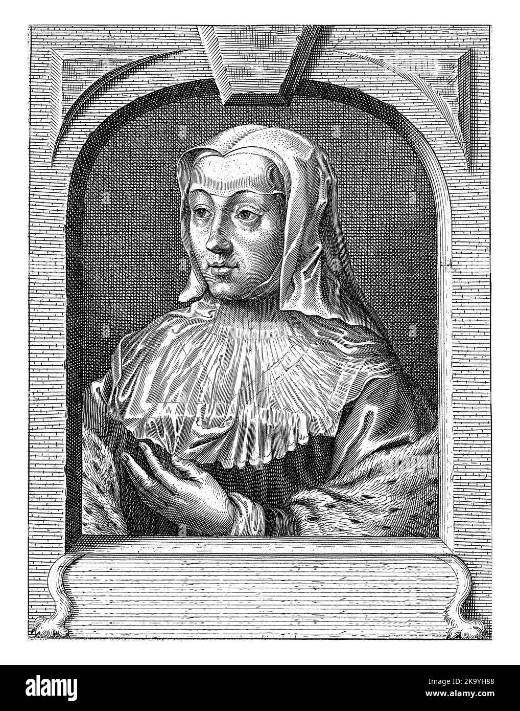 Busto ritratto di Margherita d'Austria, duchessa di Savoia, con cappuccio bianco. Tiene la mano sinistra al petto. Il ritratto è incorniciato a forma di arco Foto Stock