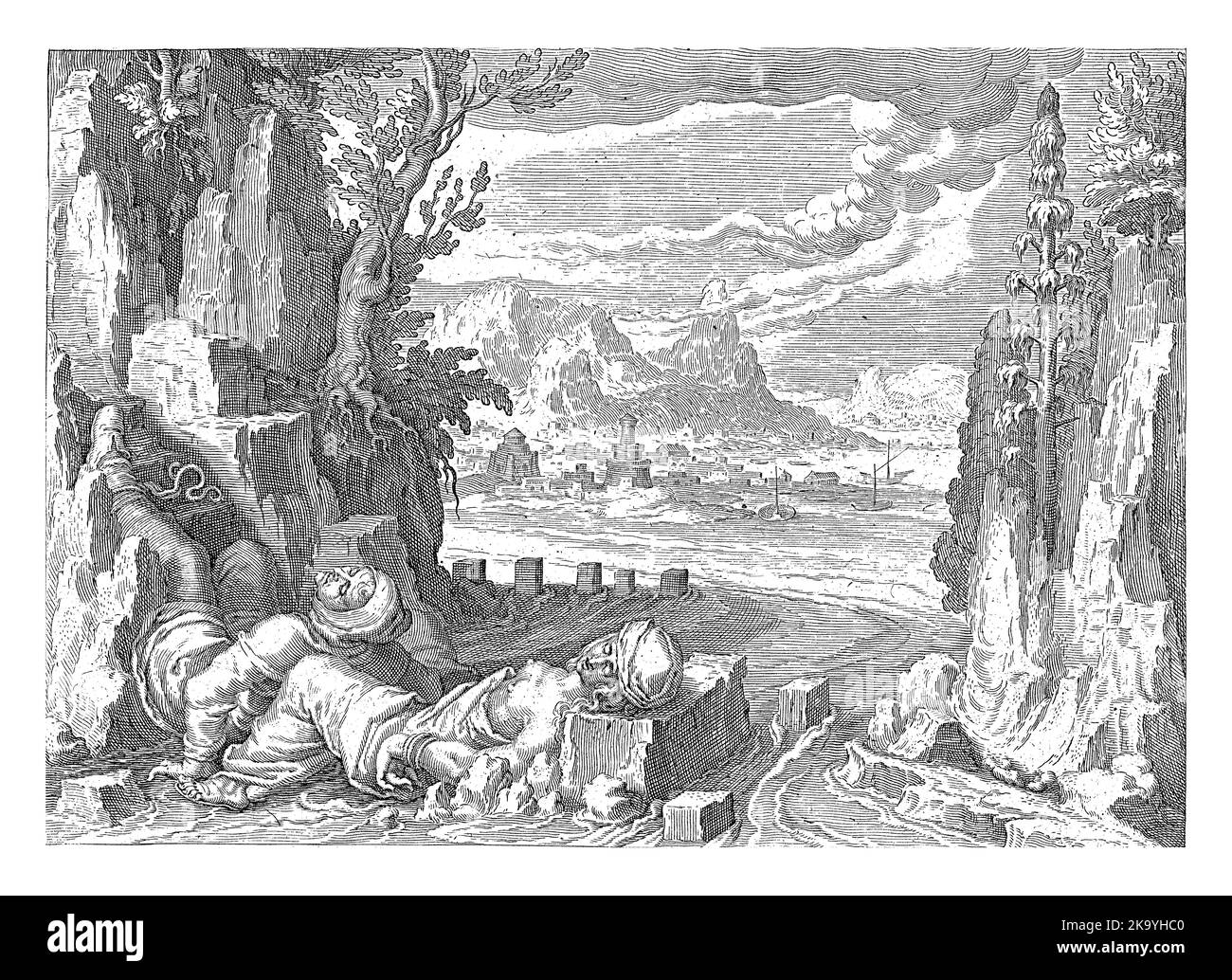 La moglie di un pescatore annega se stessa e suo marito nel mare per alleviare loro sia dalla sofferenza che dal dolore. La pescatrice si trova con la testa su un sto Foto Stock