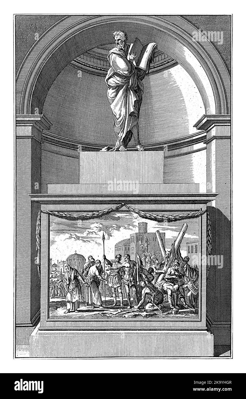 Apostolo Bartolomeo, Jan Luyken, dopo Jan Goeree, 1698 l'apostolo Bartolomeo con un libro aperto nelle sue mani. Bartolomeo si trova su un piedistallo con Foto Stock