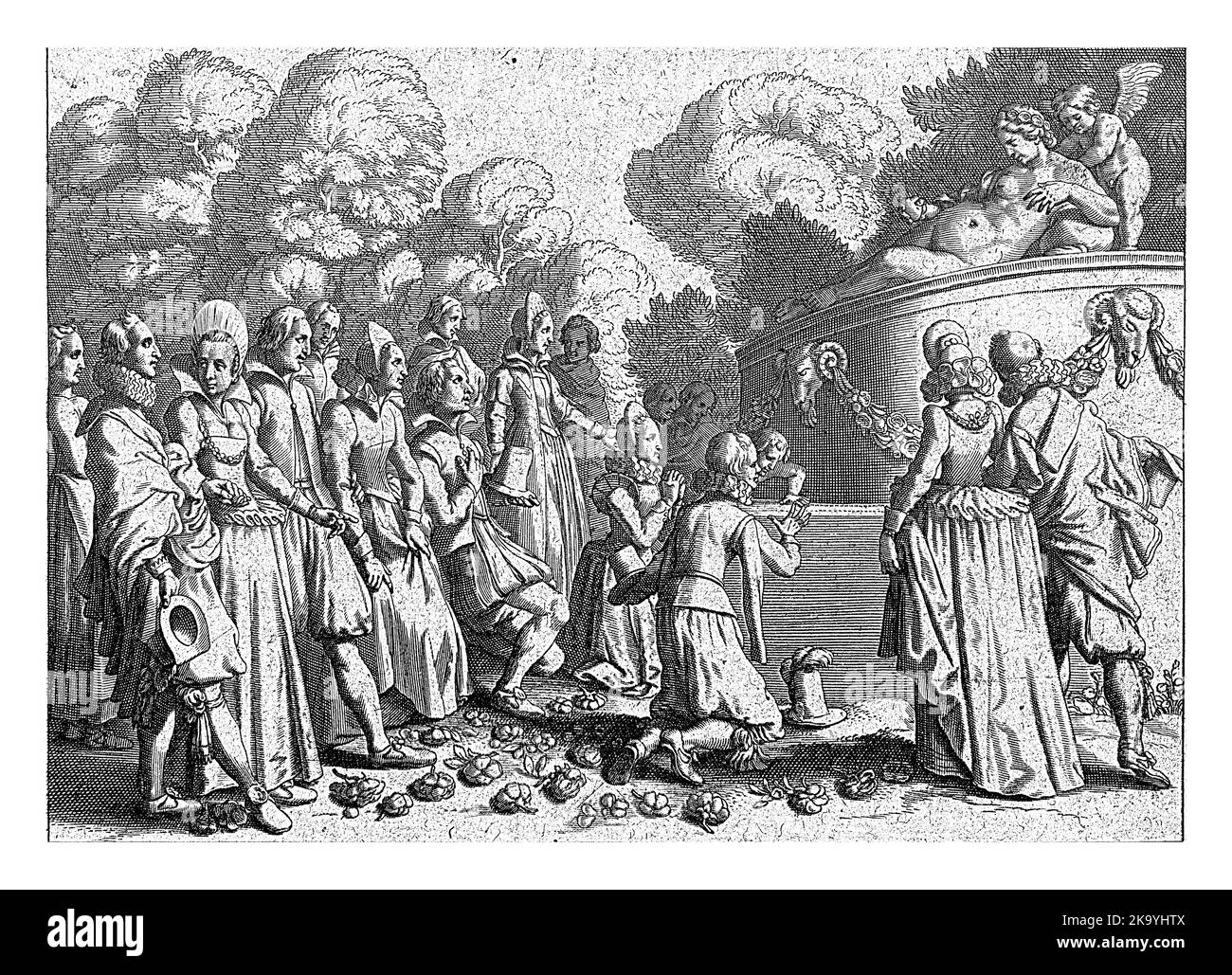 Venere, sostenuta da Amor, giace su un piedistallo con in mano la mela ricevuta da Parigi. Intorno a questo altare si trovano diverse coppie giovani e kne Foto Stock