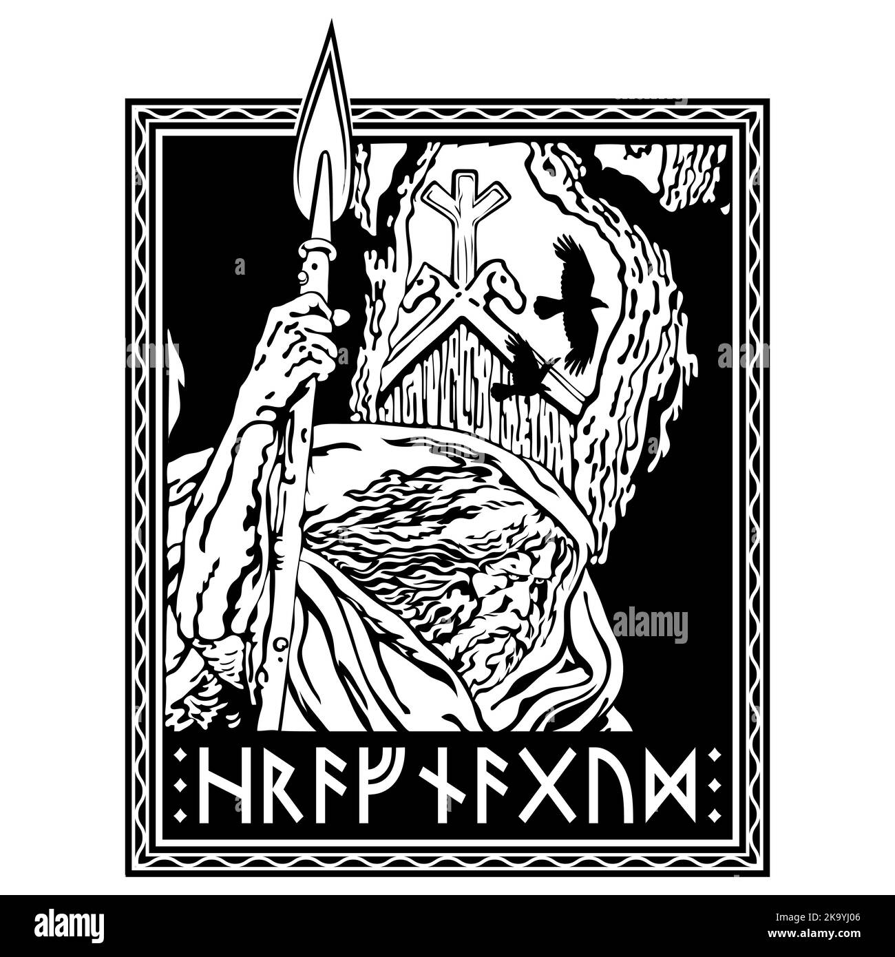 Design in stile Old Norse. Dio Supremo Odino con una lancia e due corvi Illustrazione Vettoriale